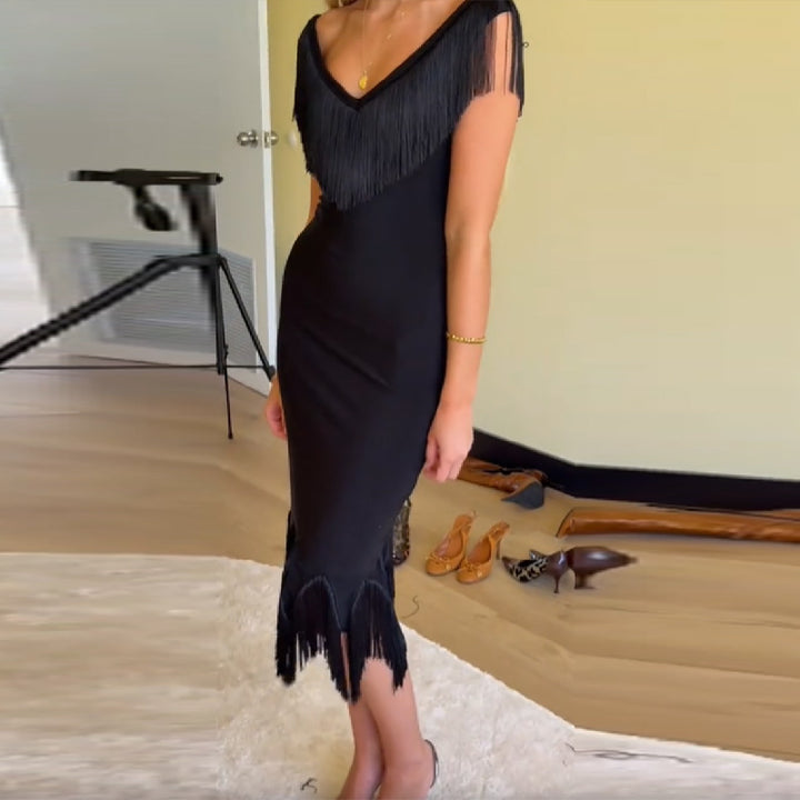 Noir Fringe Backless Midi Dress