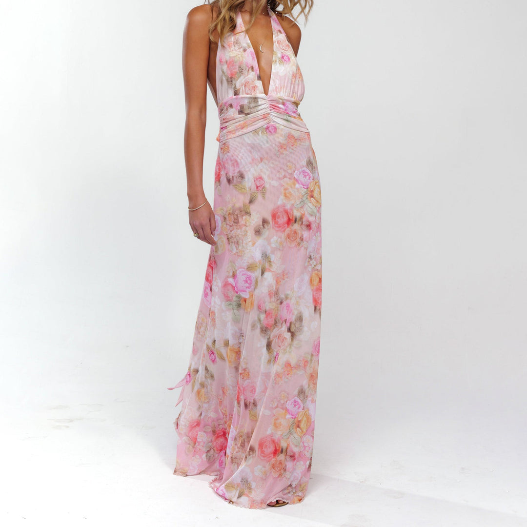 Combhasaki™Sleeveless Tie-Up Halter Maxi Dress