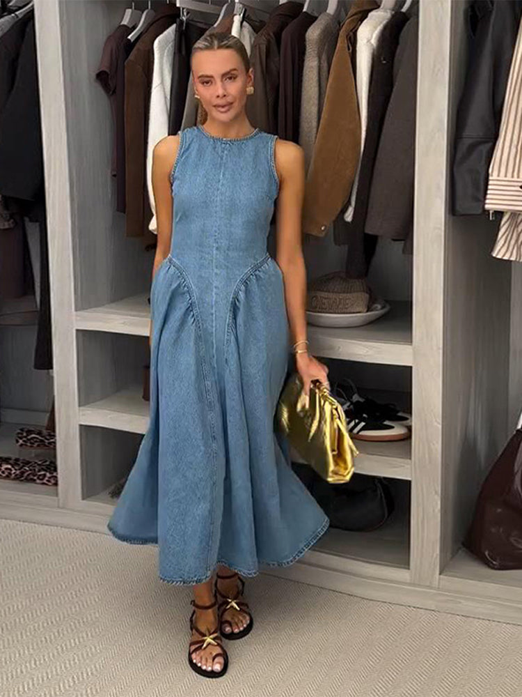 ÉLÉNA Backless Denim Midi Dress