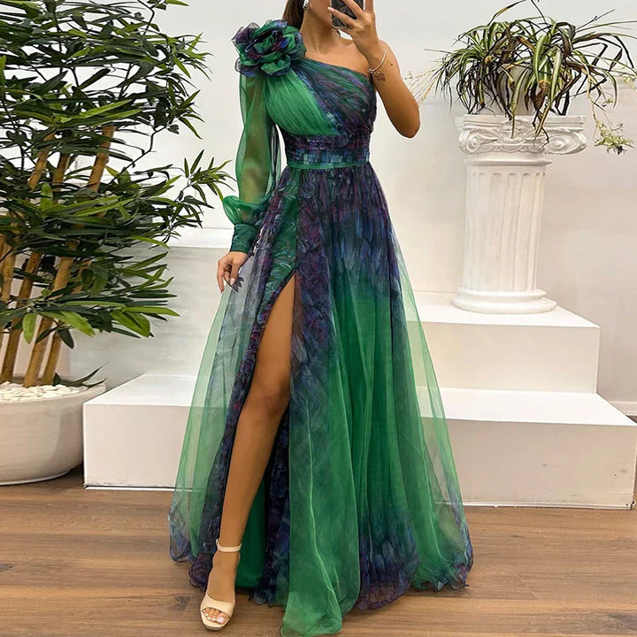 Judith - Trendy One Shoulder Mesh Print Maxi Dress