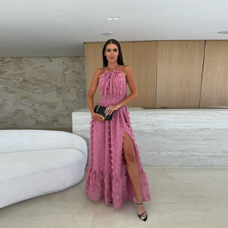 Aurora Grace – Halter Neck Floral Mesh Maxi Dress