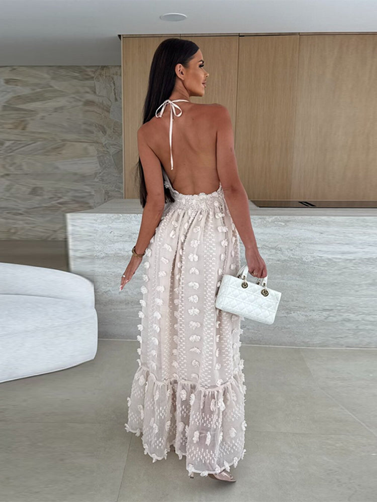 Aurora Grace – Halter Neck Floral Mesh Maxi Dress