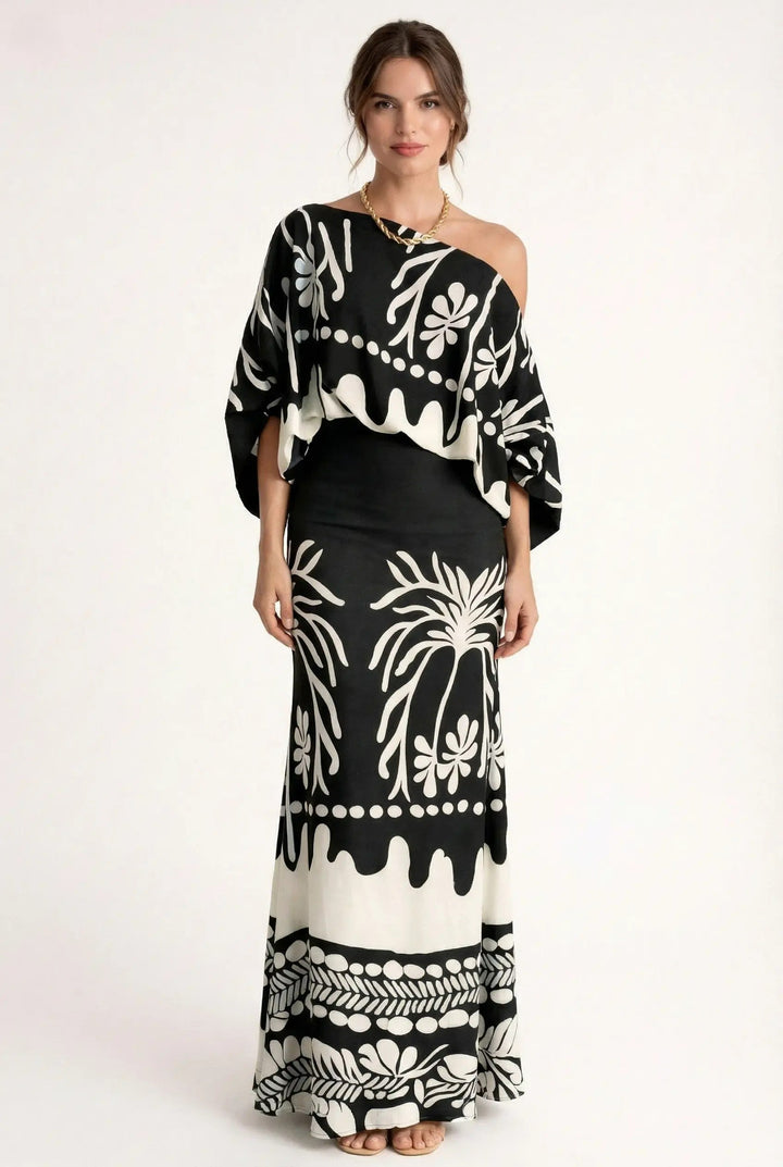 Helene Women's Spring Print Blouse and Long Skirt Set