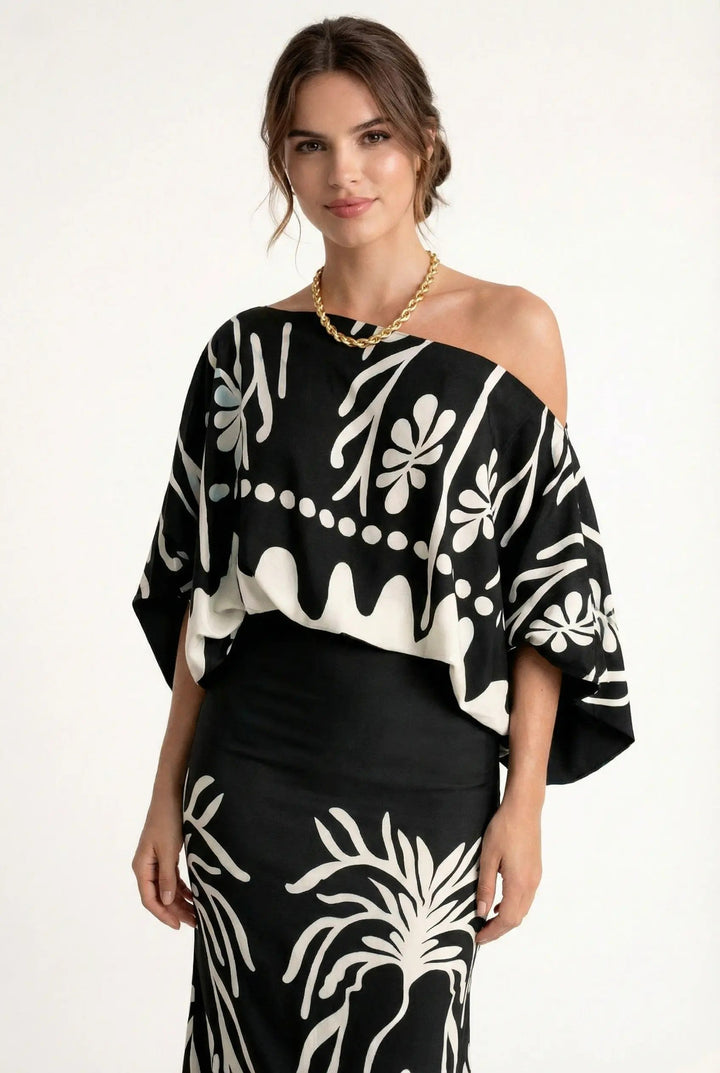Helene Women's Spring Print Blouse and Long Skirt Set