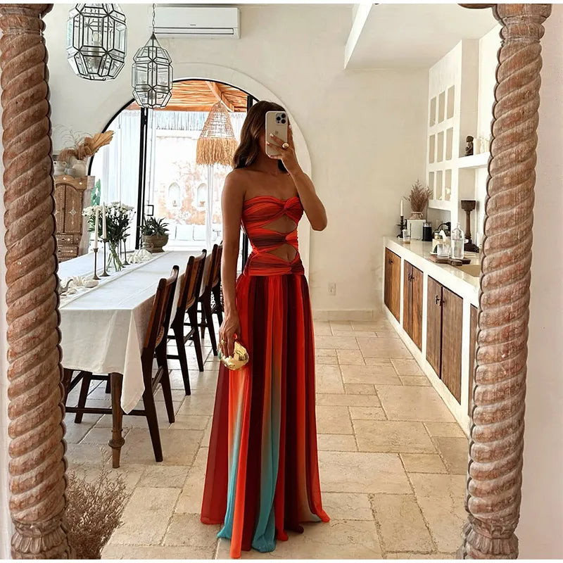 Colorful Cutout Pleated Maxi Dress