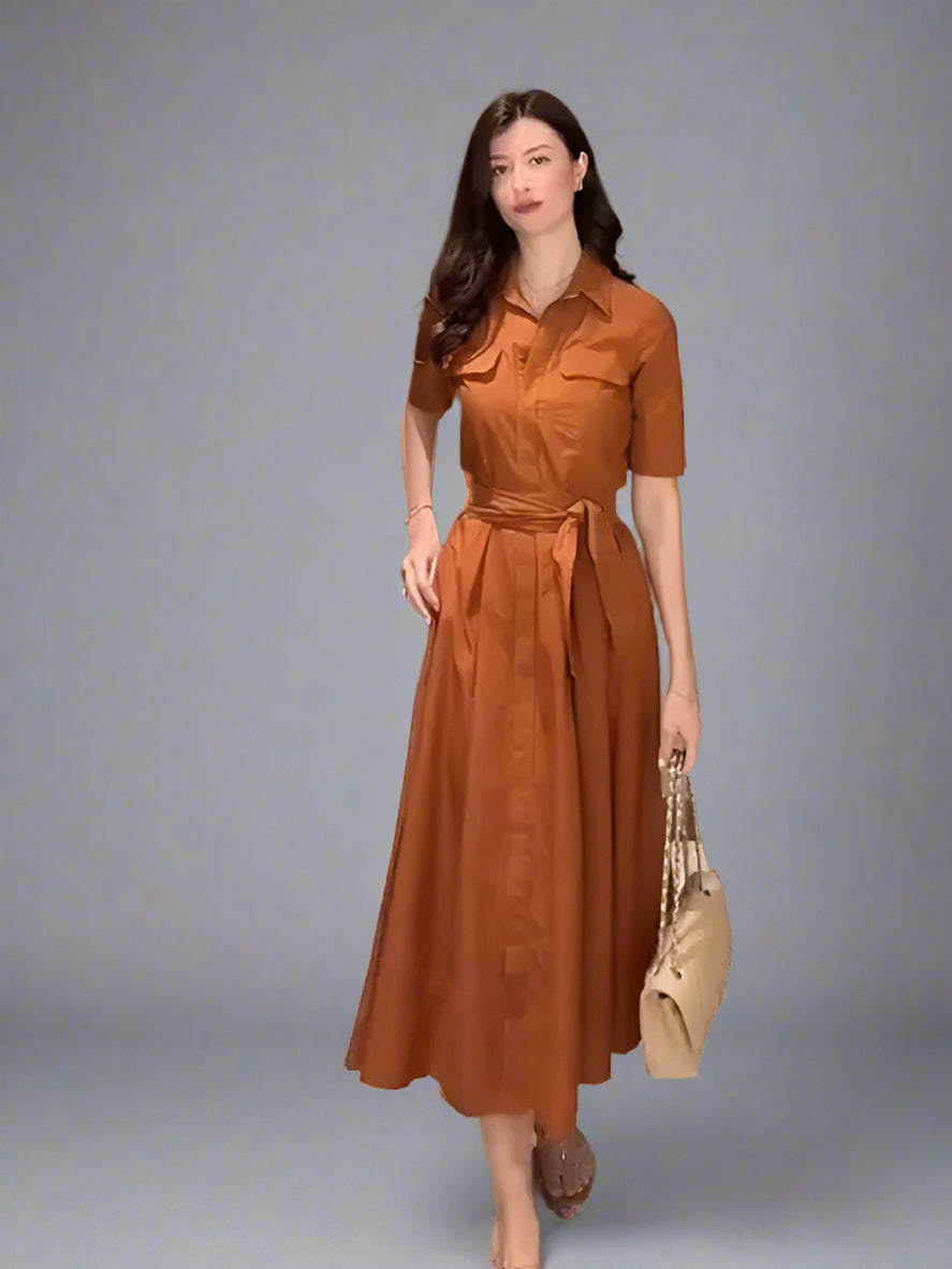 Lunaria™ Sash-Waist Midi Shirt Dress