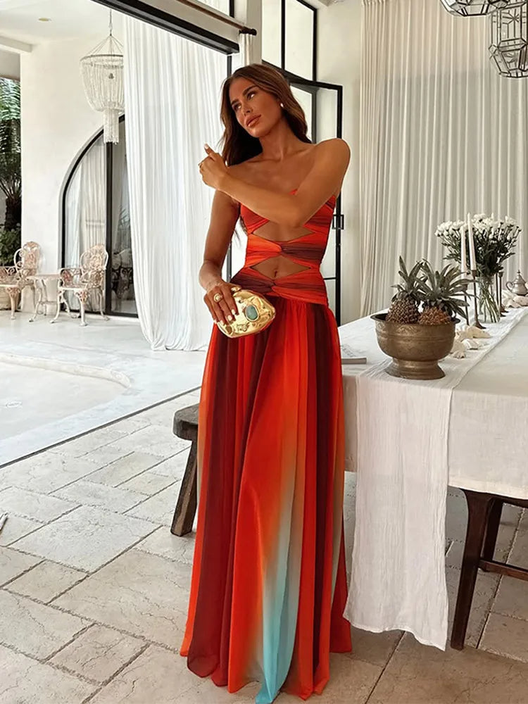 Colorful Cutout Pleated Maxi Dress