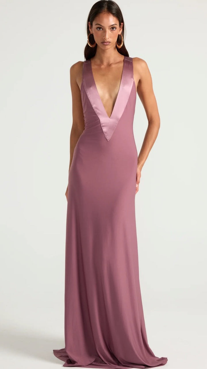 Rosé Vow™ Satin-Plunge Maxi Dress