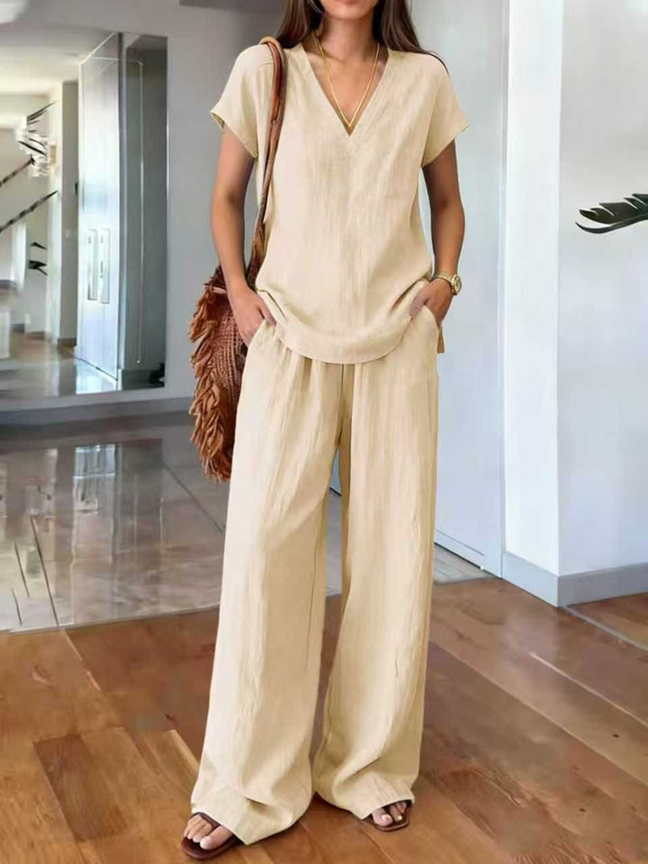 Klarisa Women's Casual V-Neck Linen Two-Piece Set
