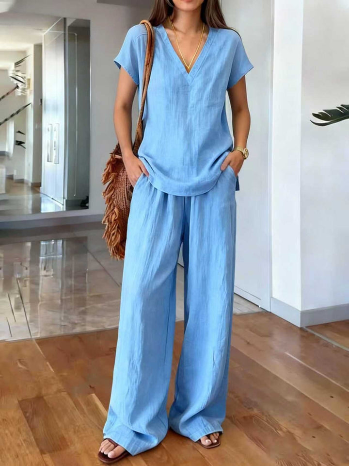 Klarisa Women's Casual V-Neck Linen Two-Piece Set