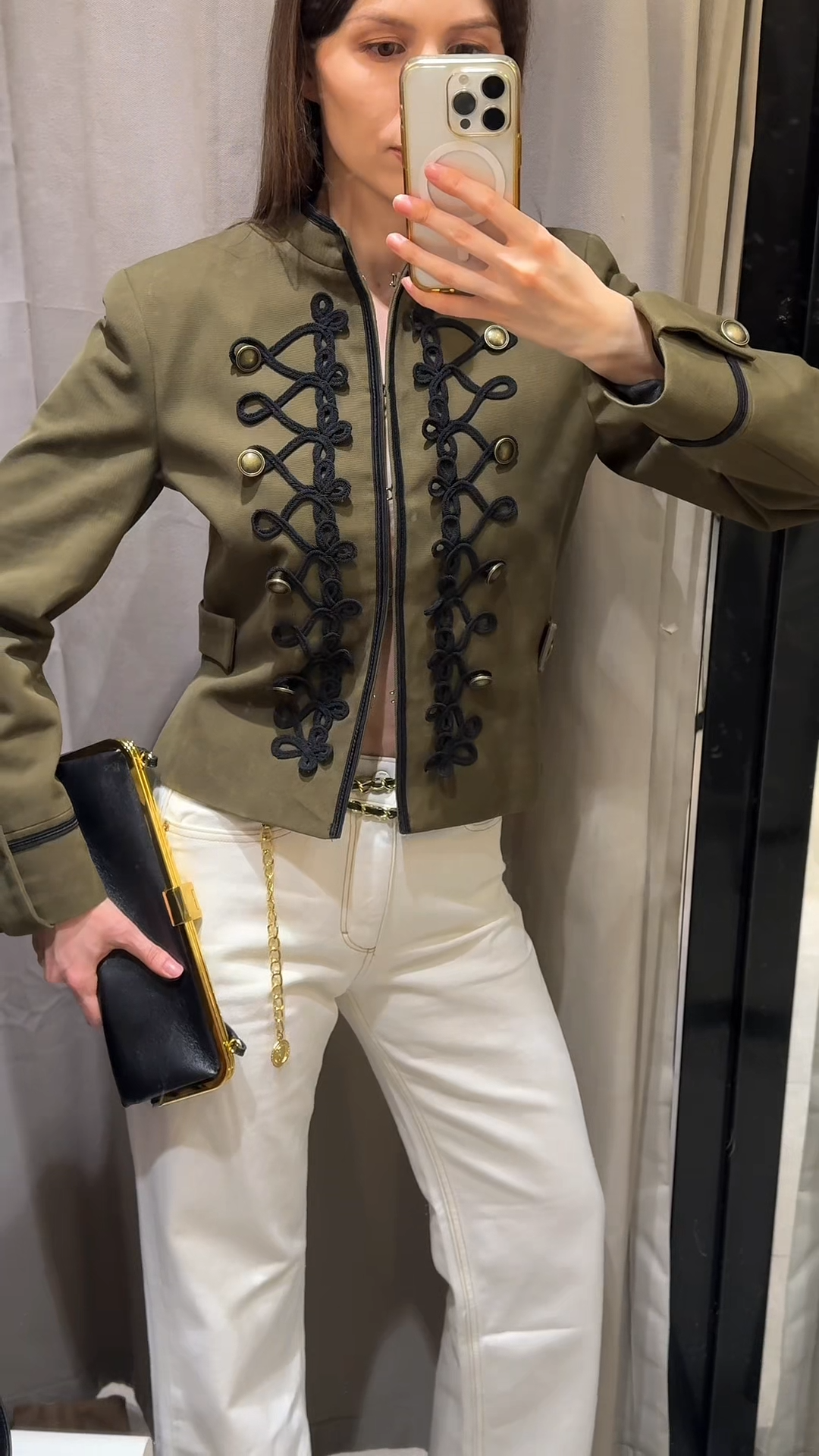 Golden Cropped Jacket – Vintage Stand Collar Long Sleeve Patchwork