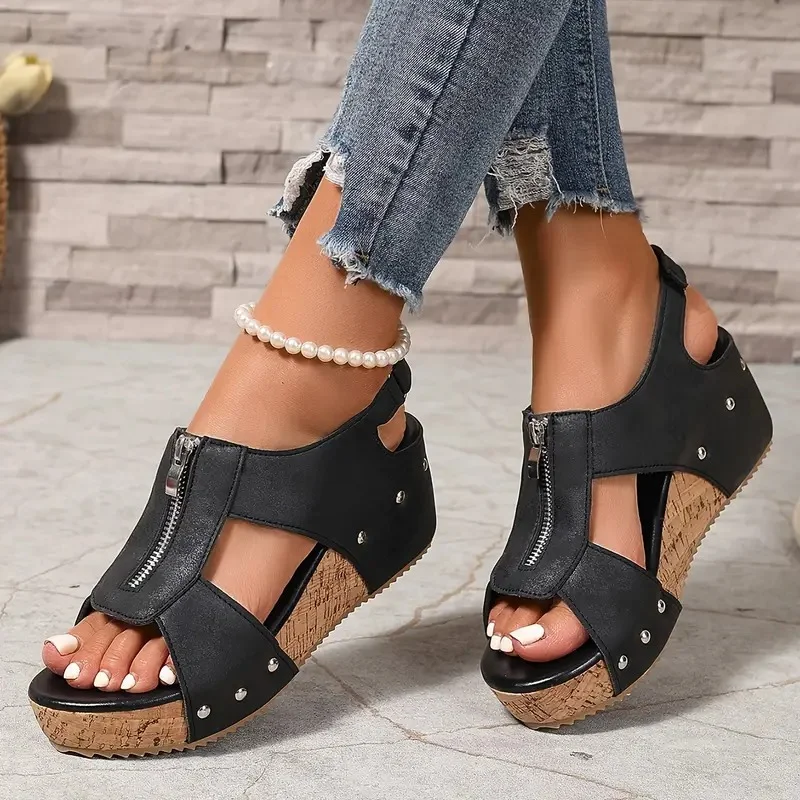 Stylish Retro Wedge Sandals with Zipper