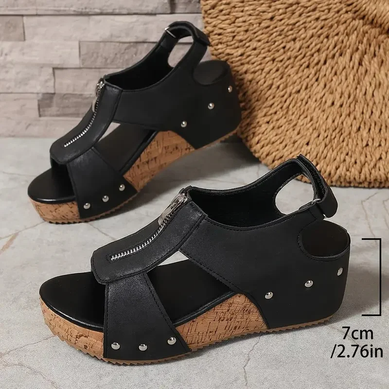 Stylish Retro Wedge Sandals with Zipper