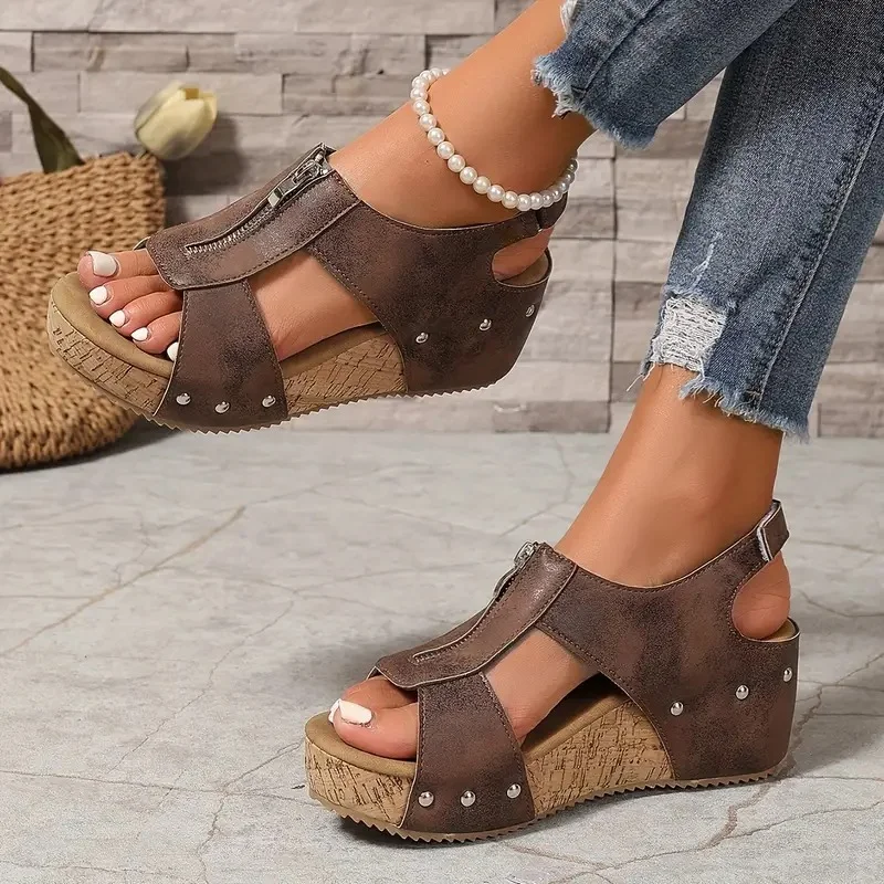 Stylish Retro Wedge Sandals with Zipper