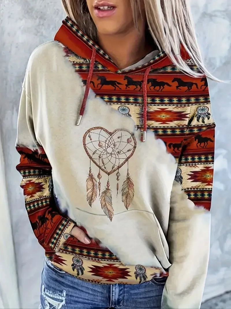 Ethnic Pattern Patchwork Horse Print Drawstring Hoodie