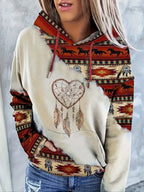 Ethnic Pattern Patchwork Horse Print Drawstring Hoodie
