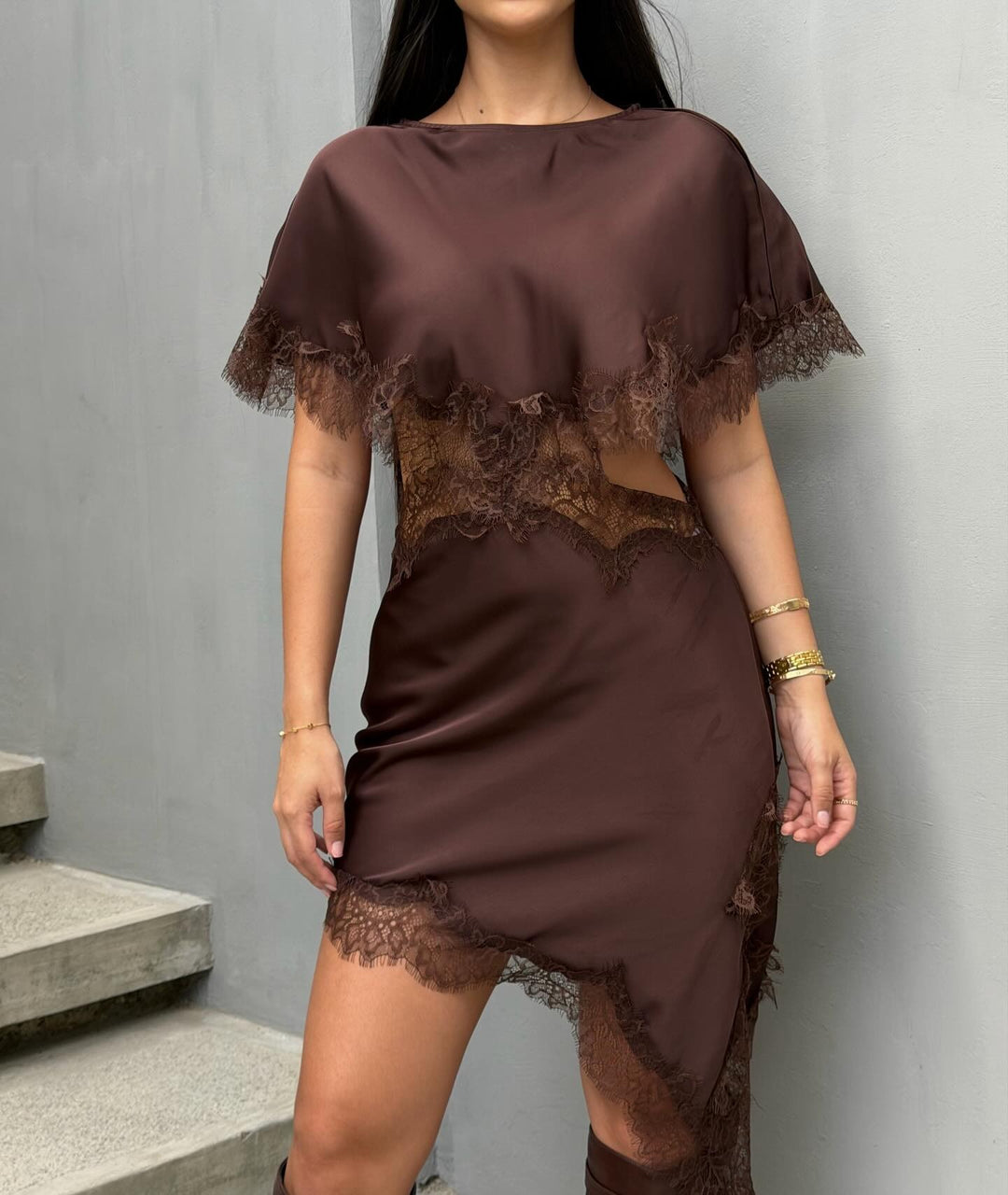 Florence Aura” Lace Cut-Out Satin Gown