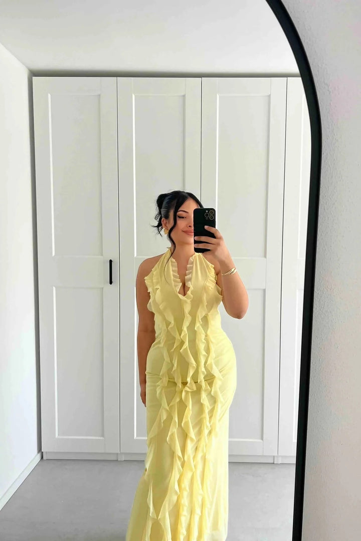 Golden Whisper Ruffle Maxi Dress