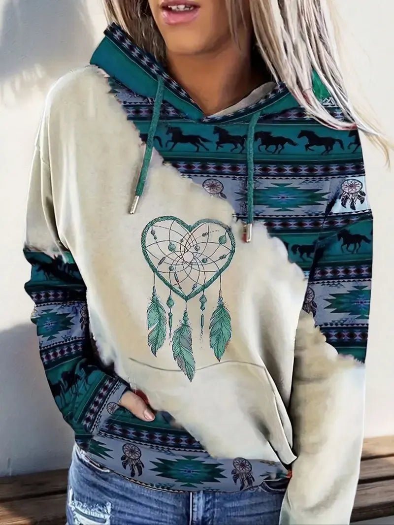 Ethnic Pattern Patchwork Horse Print Drawstring Hoodie