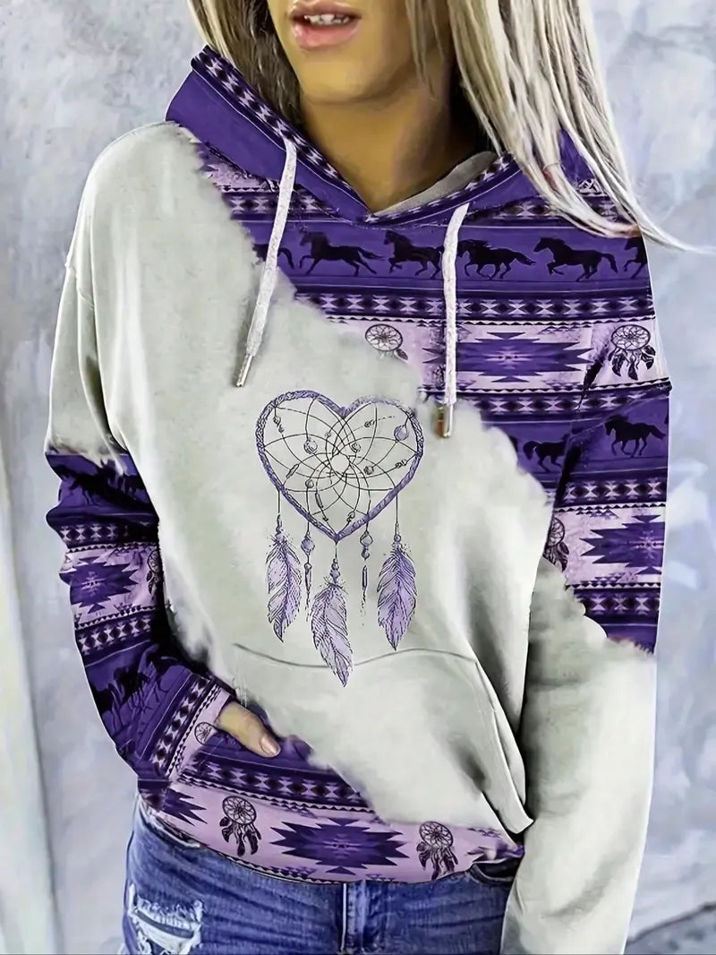 Ethnic Pattern Patchwork Horse Print Drawstring Hoodie