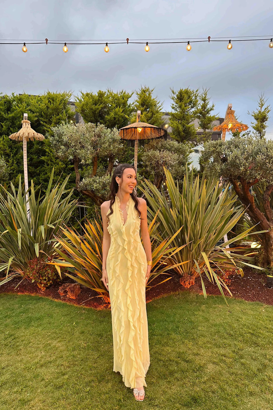 Golden Whisper Ruffle Maxi Dress